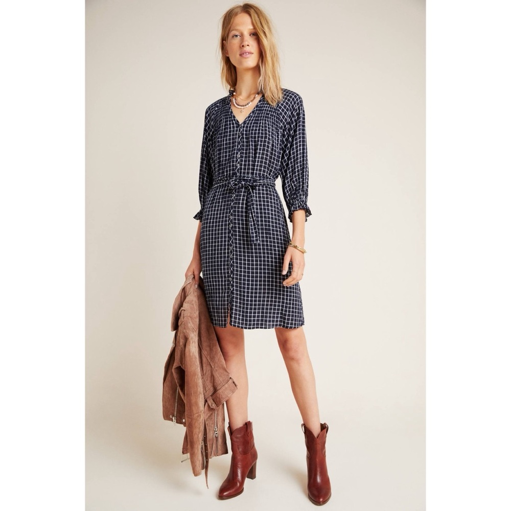 Anthropologie Maeve Sara‎ Smocked Shirt Dress Navy Blue Plaid Button Down XS - Picture 9 of 13